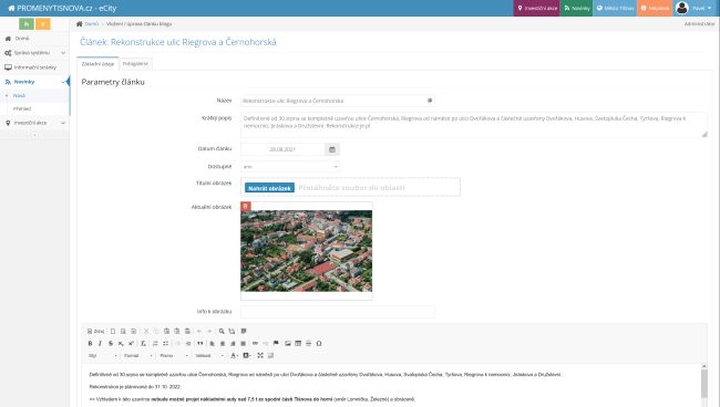 Administrace - editace novinky nebo aktuality
